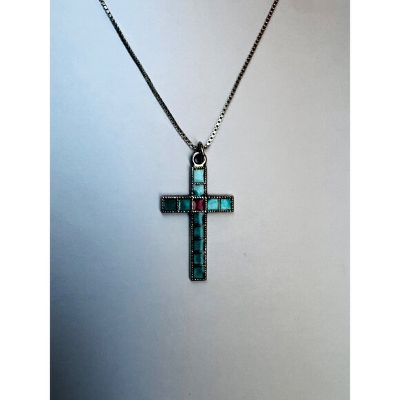 Sterling Silver 925 Cross Necklace Mosaic Inlay Pendant • 16” Italy Chain - Picture 3 of 12
